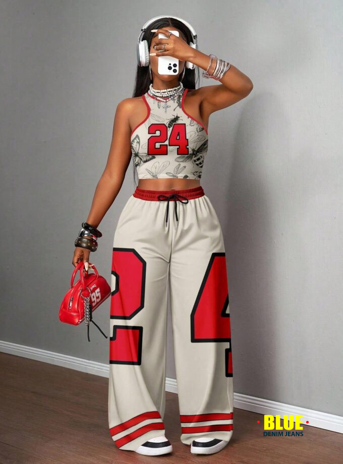 Slaydiva Beige Set/Going Out Set For Women/Women's Casual Streetwear Camisole And Loose-Fitting Pants Two Pieces Suit / Y2k Clothing / Streetwear / Women's Two Pieces Suits / Back To School / Casual Streetwear / Hip-Hop Suits / Butterfly Number