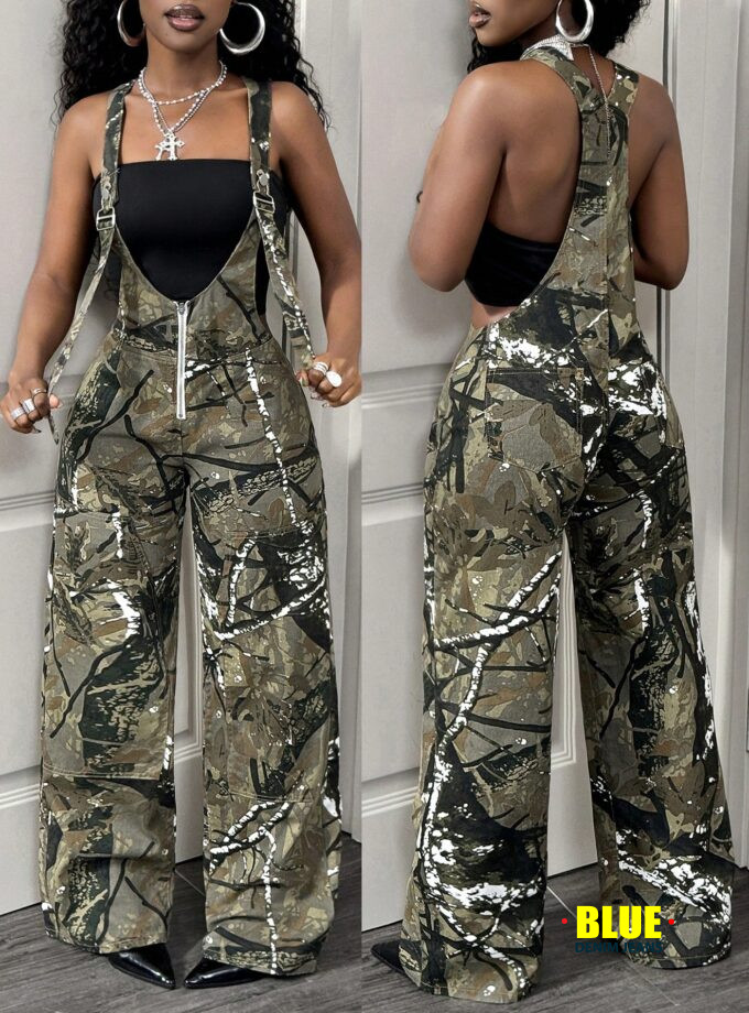 Slaydiva Women's Denim Jumpsuit, Camouflage Straight Leg Denim Jumpsuit, Camouflage Jungle Theme Clothing, Y2K Fashion, Suitable For Outdoor, Street, Everyday, Christmas, Valentine's Day, And New Year.