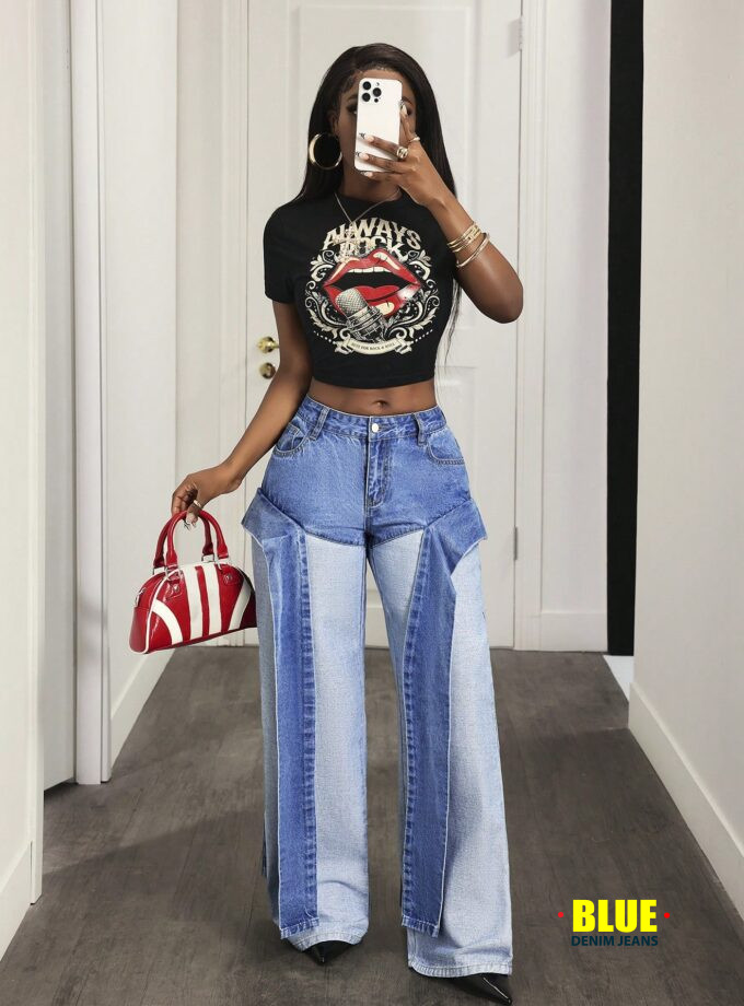 Slaydiva Women's Fashion Contrast Color Pocket Loose Fit Jeans