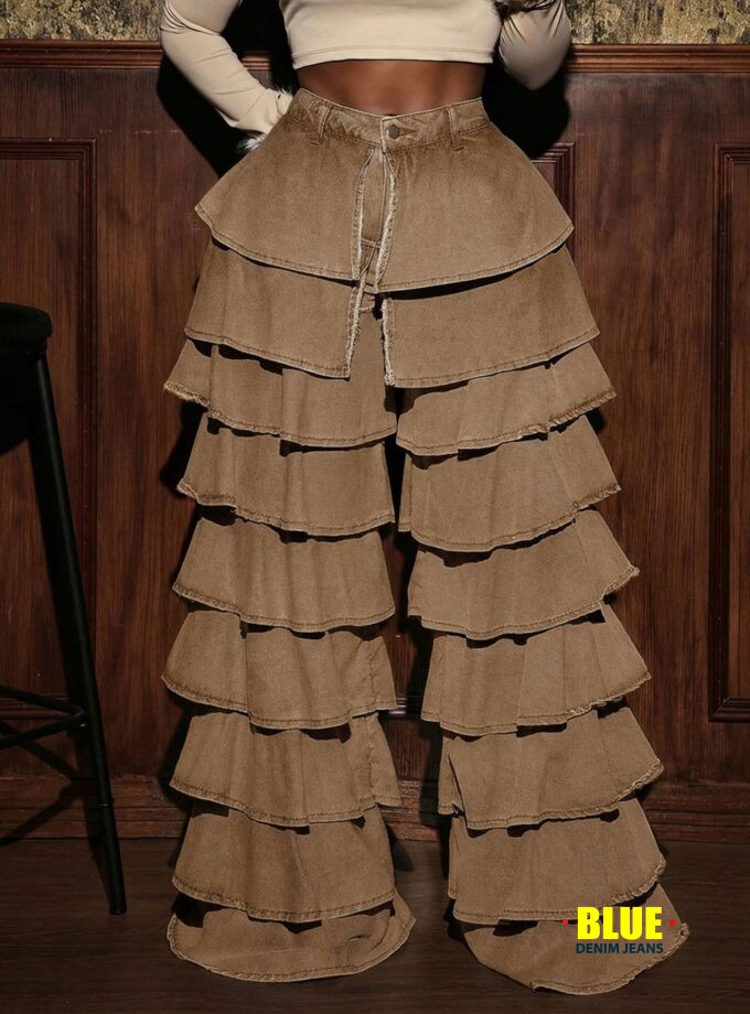 Slaydiva Women's High Waist Ruffled Wide Leg Loose Casual Jeans