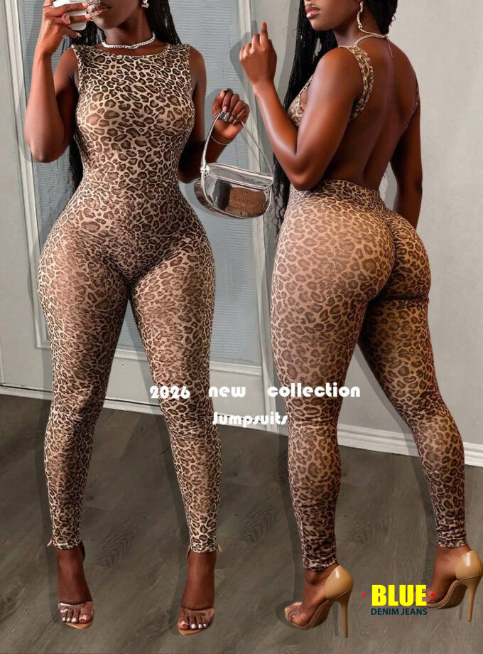Slaydiva New Spring/Summer Music Festival Valentine's Day Casual And Simple Basic Style Y2K Street Sweet Internet Sensation Bestseller Daily Date Hot Girl Style Sexy Round Neck Large Backless Slimming Long Pants Leopard Print Women's Tight Jumpsuit -B Bod