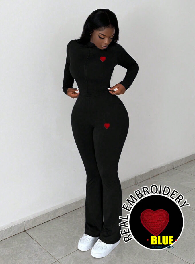 Slaydiva 2pcs Casual Basic High-Stretch Fitted Long Sleeve Zip-Up Letter Print Shirt & Pants Set For Women