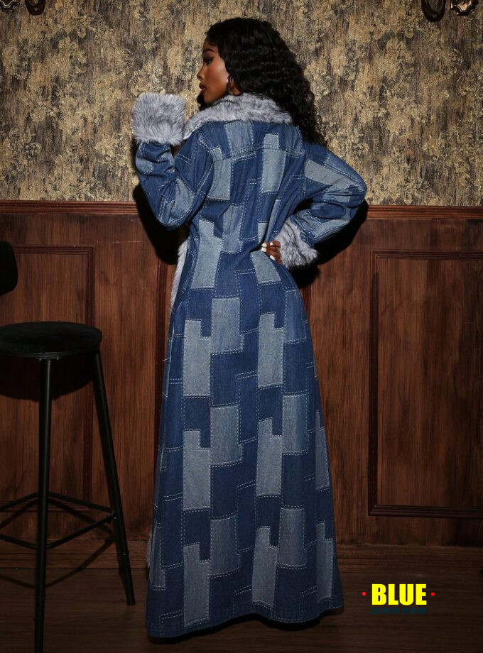 Slaydiva Women's Fur Collar Long Sleeve Long Denim Jacket, Fashion For Autumn/Winter