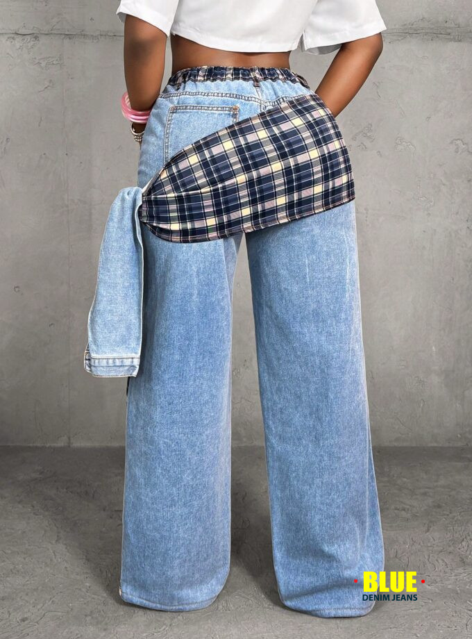 Slaydiva Women's High Waist Plaid Side Knot Loose Design Wide Leg Jeans