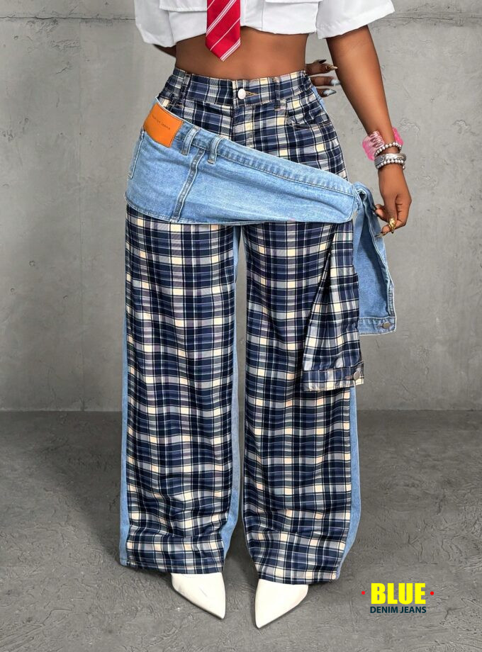 Slaydiva Women's High Waist Plaid Side Knot Loose Design Wide Leg Jeans